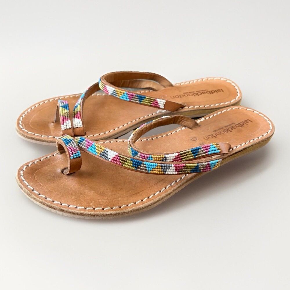 Laidback London Diani Flat Leather Sandal Size 9 EU 40 Beaded Handmade Toe Ring